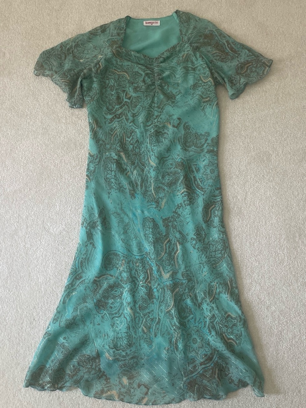 Y2k  Vintage Bonmarché Y2K Aqua Green Paisley Midi Dress Flutter Sleeve